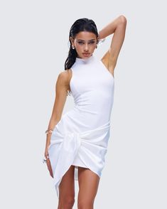 We love a classy babe ☁️ Made from a blend of jersey and satin fabric, this white mini dress is a bodycon style with wrap sash detailing, creating a look that is perfect for making an impression that sticks 🤍 Bodycon Style, Wrap Mini Dress, Graphic Top, Bodycon Fashion, White Jersey, Ruffle Shorts, Mini Wrap Dress, Black Ruffle, White Mini Dress