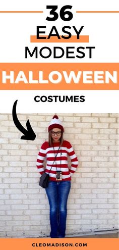 girl standing with back against a brick wall Halloween Costumes For Parents, Easy Homemade Halloween Costumes Women, Quick Adult Halloween Costumes, Waldo Costume Women, Halloween Costumes Women Modest, Joy Halloween Costume, Work Costumes For Women, Simple Work Halloween Costumes, Teen Costumes For Halloween