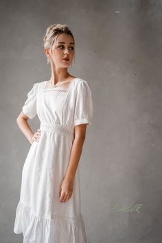 "This design linen dress is perfect for summer and fall! 100 % designed and handmade by Emsilk. I am pleased to offer your garments made to measure at no extra cost. * Detail: - Square neckline with lace - gathered waist with lace - Fit and flare bottom - Fully lined - Invisible zipper on the back - Mid-calf length (send me a request on the length) - High quality linen, washed linen, soft linen - The model is 5'6\" tall and wearing size S. * Care: - Dry clean or machine washed with cold water se Fitted Linen Dress With Puff Sleeves For Spring, Elegant Linen Dress With Square Neck For Spring, Chic Fitted Linen Dress With Puff Sleeves, Spring Short Sleeve Linen Dress For Brunch, Fitted Linen Prairie Dress For Summer, Short Sleeve Linen Dress For Spring Brunch, Fitted Linen Dress With Square Neck For Spring, Fitted Square Neck Linen Dress For Spring, Elegant Cotton Puff Sleeve Dress For Garden Party