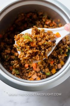 a spoon full of rice and vegetables in a pot