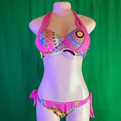 Women’s Swimsuit Pink, Yellow And Blue With Bird Feather Print Pink Party Swimwear For Spring, Fitted Pink Swimwear For Spring, Pink Printed Party Swimwear, Swimsuit Pink, Lacey Tops, Bird Feather, High Cut Swimsuit, Black Tankini, Printed Tankini