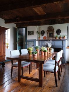 a dining room table with chairs and potted plants on it in front of a fireplace