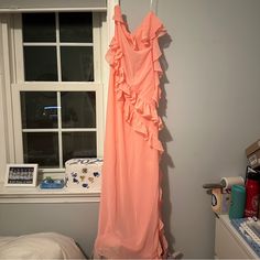 Brand New With Tags And Packaging, Never Worn Formal Orange Dress With Ruffles, Formal Orange Ruffled Dresses, Formal Orange Dresses With Ruffles, Peach Fitted Dress For Bridesmaids, Fitted Peach Bridesmaid Dress, Fitted Sleeveless Peach Maxi Dress, Peach Fitted Floor-length Dress, Formal Peach Maxi Dress, Peach Fitted Maxi Dress