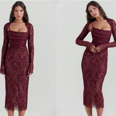 It's Easy To Fall In Love With This Gorgeous Lace Midi Dress As The Delicate Lace And Beautiful Rich Colouring Make It Feel Extra Special. Made From An Exquisite, Delicate, Scalloped Lace In Deep Claret, 'Gaia' Is Underpinned With A Figure Cinching Cafe Power Mesh In A Neutral Cafe-Au-Lait Tone. Gaia Features A Corseted Bodice That's Gorgeously Gathered With Lace Up Detailing To The Back. Complete With A Bolero Style Shrug, 'Gaia' Can Be Worn With Or Without Depending On Your Vibe. Wear Yours Wi Backyard Wedding Dress Guest Fall, Lacy Red Dress, Burgundy Dress With Sleeves, Blush Pink Cocktail Dress, Midi Off Shoulder Dress, House Of Cb Lace Dress, Fall Color Wedding Guest Dresses, Mexican Wedding Guest Dress, Maternity Guest Wedding Dress