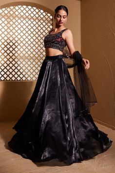 Black padded blouse featuring floral thread and sequin hand embroidery with plunge back. Paired with a can-can attached pocketed lehenga and a dupatta. - Aza Fashions Blouse Lehenga, Hand Embroidered Blouse, Lehenga Pattern, Padded Blouse, Can Can, Embroidered Blouse, Set For Women, Embroidery Thread, Aza Fashion