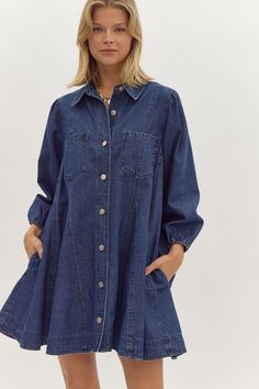 Denim collared button up long sleeve mini dress featuring pockets at bust and side. Elasticized cuff. Unlined. Woven. Non-sheer. Lightwight. Fabric Content 100% COTTON Kelly is in size SMALL --Height- 5’4 -Tops- SMALL -Dresses- Small -Jeans- 26/2 Womens Denim Dress, Button Up Long Sleeve, Denim Mini Dress, Jumpsuit Shorts Rompers, Small Dress, Knit Midi Dress, Romper With Skirt, Long Sleeve Mini, Denim Mini