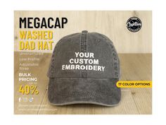 We specialize in custom embroidery. Personalize one of our Megacap dad hats with text or a logo. We work to ensure you get the best possible product or gift. For Text Embroidery Please Provide: 1. Your custom text 2. Font style 3. Thread color 4. Text location (Front, Back, etc.) 5. Artwork Size (Small, Medium, Large; If applicable) 6. Any Special Notes For Logo Embroidery: 1. Send logo through Etsy Messenger 2. Add details/specifics in comment section at the time of placing your order. Examples Profile Matching, Text Embroidery, Thread Colors, Dad Cap, Etsy Personalized Gifts, Dad Caps, Brass Buckle, Font Style, Custom Hats