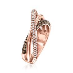 LeVian - Le Vian .67ct t. w. Chocolate, Vanilla Diamond Highway Ring in 14kt Strawberry Gold. Size 7. With a rich history dating back to the 15th century, Le Vian jewelry is well known for its decadent designs and innovative use of color. This luxe highway ring wraps the finger in crisscrossing bands studded with .67 ct. t. w. round brilliant-cut brown and white diamonds. Finely crafted in polished 14kt rose gold. Black rhodium. 1/4" wide. Le Vian white and brown diamond highway ring. Diamond bi Le Vian Jewelry, Ring Wraps, Levian Jewelry, Trendy Jewellery, April Birthday, Diamond Birthstone, Chocolate Diamonds, Le Vian, Rose Gold Band