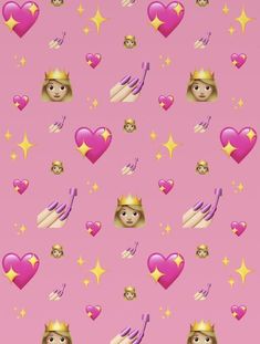 a pink background with cats, hearts and stars in the shape of crowns on it