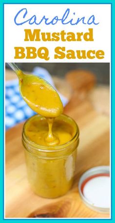 a spoon full of bbq sauce on top of a wooden cutting board with the words carolina mustard