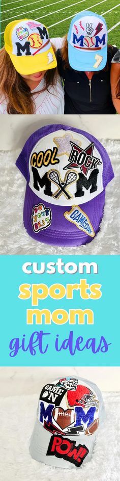 three hats with the words custom sports items on them