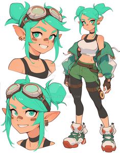 an animated character with green hair and goggles on her head, in various poses