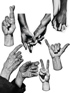 multiple hands making the letter v with their fingers in black and white photo, from top to bottom