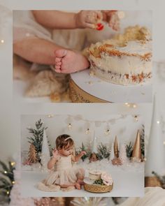 a collage of photos with baby's first birthday cake and other holiday treats