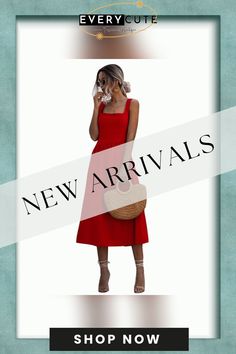 Red Square Neck Midi Calf Dress Red Solid Color Midi Dress For Date Night, Chic Red Solid Color Midi Dress, Red Midi Dress For Day Out, Red Solid Color Midi Dress For Summer, Summer Solid Color Red Midi Dress, Red Solid Color Summer Dress, Red Knee-length Midi Dress For Day Out, Red Midi Dress For Summer Day Out, Red Solid Color Dress For Day Out