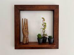 a wooden hand and potted plants on a shelf in a square wood frame with white wall behind it