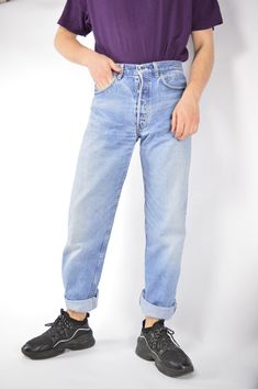 Vintage blue denim straight Jeans trousers {1303} PRODUCT INFO: Material - 100% COTTON / Size tag on item - 30 / WAIST - 76 CM / FULL LENGTH - 112 CM / 44 INCH / INSEAM - 85 CM / 33.5 INCH / Our model is 179 CM and normally wears a size 29/30   INFO: Due to item's vintage condition, the original tag might not show the true size. If you have any questions about this product or shipping just drop us a message and we will get back to you as soon as possible.    CONDITION: Please note that Hanger Vi Blue Jeans With Button Closure For Streetwear, Blue Jeans With Belt Loops And Straight Shape, Blue Straight Jeans With Belt Loops, Straight Jeans With Belt Loops For Streetwear, Washed Blue Rigid Denim Jeans With Button Closure, Faded Straight Leg Jeans With Belt Loops, Washed Blue Straight Leg Selvedge Jeans, Straight Leg Selvedge Washed Blue Jeans, Selvedge Straight Leg Jeans For Streetwear