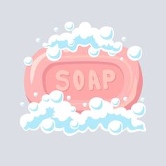 soap in the water with bubbles and foam on gray background, cartoon illustration for your design