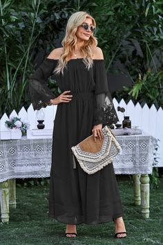 Black Off Shoulder Embroidered Flared Sleeve Lace Maxi Dress Long Black Lace Dress, White Lace Dress Long, Dress With Flared Sleeves, Black Lace Dress Long, Short Sleeve Floral Dress, Black Off Shoulder, Bare Shoulders, Maxi Robes, Dreamy Dress