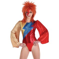 a woman in a red and gold bodysuit is posing for the camera with her hands on her hips