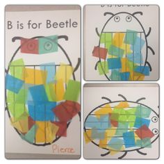 three pictures of different colored paper cut out of the shape of a beetle with words b is for beetle