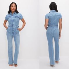 The Best-Selling Jumpsuit, Now Made Specially For Our 5’4 And Under Squad. The Petite Fit For Success Bootcut Jumpsuit Is Just As Powerful As It Looks It Features Stylish Bootcut Legs And A Cinched-In Waistline That Effortlessly Showcases Your Hourglass Silhouette. Crafted From Our Innovative Denim, It Features Convenient Chest Pockets And A Front Zipper Closure, Ensuring Next-Level Style And Functionality. Size Small, Color Blue274. Collar Neckline Short Sleeves Front Zipper Closure Chest, Side Fitted Full-length Denim Jumpsuit, High Rise Fitted Jumpsuits And Rompers With Pockets, High Rise Fitted Jumpsuit With Pockets, Fitted High Rise Jumpsuits For Workwear, Fitted High-rise Jumpsuits For Workwear, Hourglass Silhouette, Good American, Recycled Cotton, Medium Blue