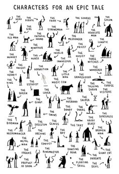 an image of characters for an epic tale in black and white, with the words written below