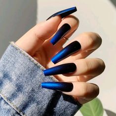 24 Piece Black And Shimmery Blue Ombre Acrylic Coffin Shaped Nails Set Mauve And Blue Nails, Coffin Dark Nails, Black And Blue Ombre Nails, Dark Green Ombre Nails, Denim Nails, Nails Color Black, Black And Blue Nails, Black Ombre Nails, Blue Ombre Nails