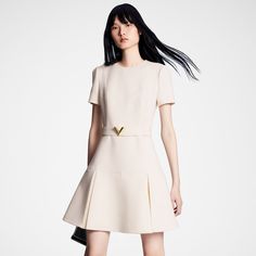 LOUIS VUITTON® - Belted Skater Dress - Optical White Elegant Belted Pleated Dress For Formal Occasions, Short Sleeve Belted Evening Dress, Evening Dress With Belt And Short Sleeves, Elegant Belted Pleated Dress For Work, Short Sleeve Belted Dress For Evening, Chic Short Sleeve Belted Dress For Formal Occasions, Chic Short Sleeve Belted Dress For Formal Events, Designer Belted Workwear Dress, Classic Short Sleeve Pleated Dress For Formal Occasions