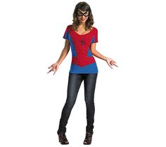 a woman in a spiderman costume standing with her hands out to the side,