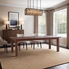 a dining room with a table, chairs and chandelier hanging from the ceiling