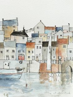 a watercolor painting of a city with boats in the water and buildings on either side