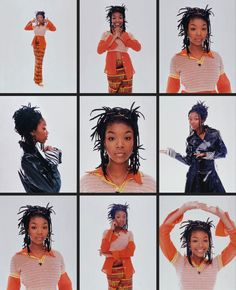 many different pictures of a woman with dreadlocks on her head and hands in the air