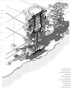 a drawing of a large structure on top of a hill with lots of other structures around it