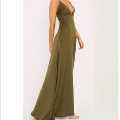 New With Tags Plt Olive Green Dress With Side Split. Size 6 Us Olive Fitted Maxi Dress, Green Backless Dress For Casual Wear, Fitted Olive Elegant Maxi Dress, Olive Maxi Dress For Party, Green V-neck Maxi Dress With Side Slits, Elegant Olive Party Dress, Chic Olive Maxi Length Dress, Olive Fitted V-neck Dress, Olive Fitted Dress For Party