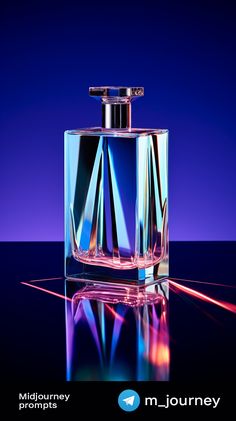 a bottle of perfume sitting on top of a table next to a purple and blue background