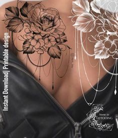 the back of a woman's shoulder with flowers and chains attached to her chest