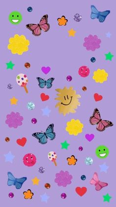 a purple background with colorful butterflies and hearts