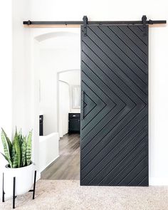 an open black door in a white room with a potted plant on the floor