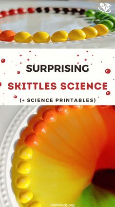 a close up of a cake on a plate with the words surprising skittles science