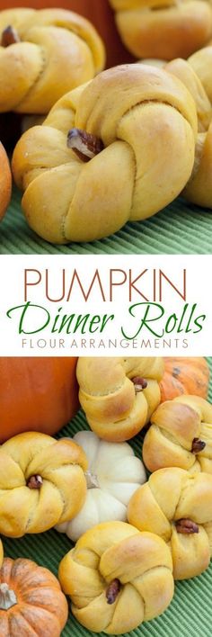 pumpkin dinner rolls on a green mat with text overlay