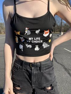 “my life my choice” cat crop top-true to size, polyester blend Fitted Sleeveless Tops With Cat Print, Fitted Black Top With Cat Design, My Life My Choice, Supernatural Dr, Crop Top Aesthetic, Cat Top, Cropped Tops, Crazy Cat, Crazy Cat Lady