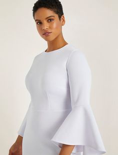 Daily Deal | ELOQUII White Business Dress, Eloquii Dress, Sun Dress Casual, Wear To Work Dress, Contemporary Dresses, Flare Sleeve Dress, Plus Size Party Dresses, Crewneck Style, Scuba Fabric