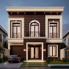 a car is parked in front of a two story house with balconies on the second floor