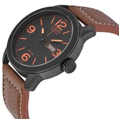 Black PVD stainless steel case with a brown leather strap. Fixed black PVD bezel. Black dial with luminous orange hands and index hour markers. Arabic numerals mark the 3, 6, 9 and 12 oclock positions. 24 hour markers. Minute markers around the outer rim. Dial Type: Analog. Luminescent hands and markers. Day of the week and date display at the 3 oclock position. Eco-Drive E011 eco-drive movement. Scratch resistant mineral crystal. Pull / push crown. Solid case back. Case size: 42 mm. Case thickn Brown Business Watch With Analog Display, Brown Analog Watch For Business, Brown Analog Display Watch For Business, Brown Analog Display Business Watch, Brown Analog Watch Accessories For Business, Brown Analog Style Watch Accessories For Business, Brown Outdoor Watch With Round Dial, Brown Outdoor Watches, Brown Analog Display Watch With Round Dial