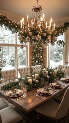 a dining room table decorated for christmas with candles and greenery