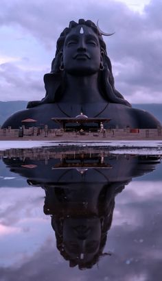 there is a large statue with its reflection in the water