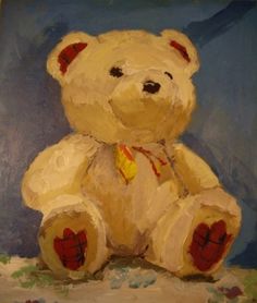 a painting of a white teddy bear with red hearts on it's chest sitting in front of a blue background