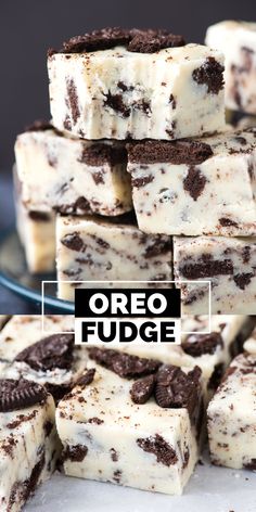 oreo fudge cut into squares and stacked on top of each other with text overlay Fudge Recipes Oreo, Fudge Dessert Recipes, Cookies And Cream Fudge 3 Ingredient, Smooth Fudge Recipe, Fudge Marshmellow Recipes, Fantasy Fudge Recipes, Cookies N Cream Fudge, Easy Desserts For Work, Easy No Bake Fudge Recipes