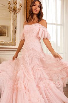 Elia Off-Shoulder Gown – Pink | Needle & Thread Rose Gown, Tulle Ruffles, Gown Pink, Falling Star, Off Shoulder Gown, Pink Gowns, Needle Thread, Cape Dress, Layered Skirt